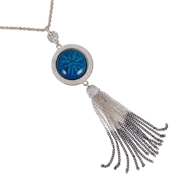 VTG Silver Tone Tassel Necklace Blue Cabochon Rhinestone Long Pendant Bold Retro - Picture 1 of 13